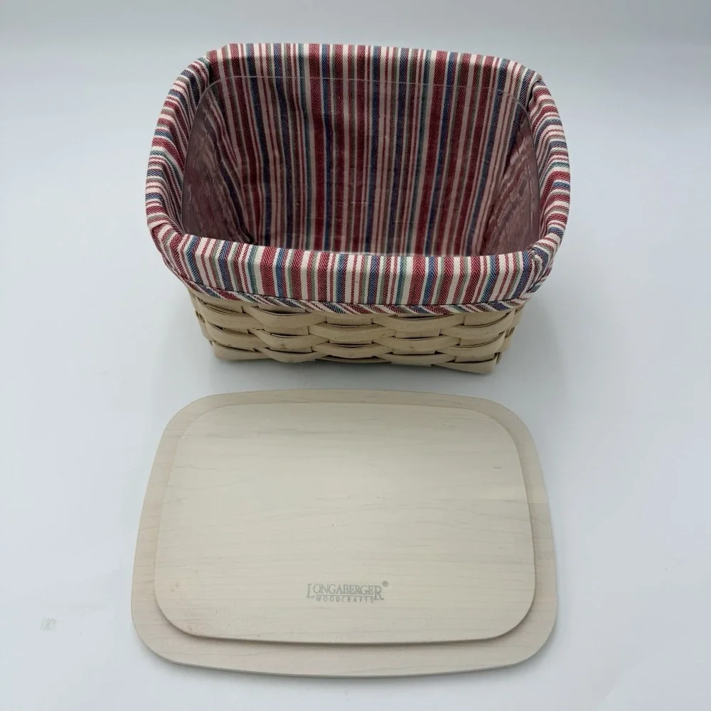 Longaberger Recipe Basket Complete Set Lid Protector Blue Red Stripe Liner USA